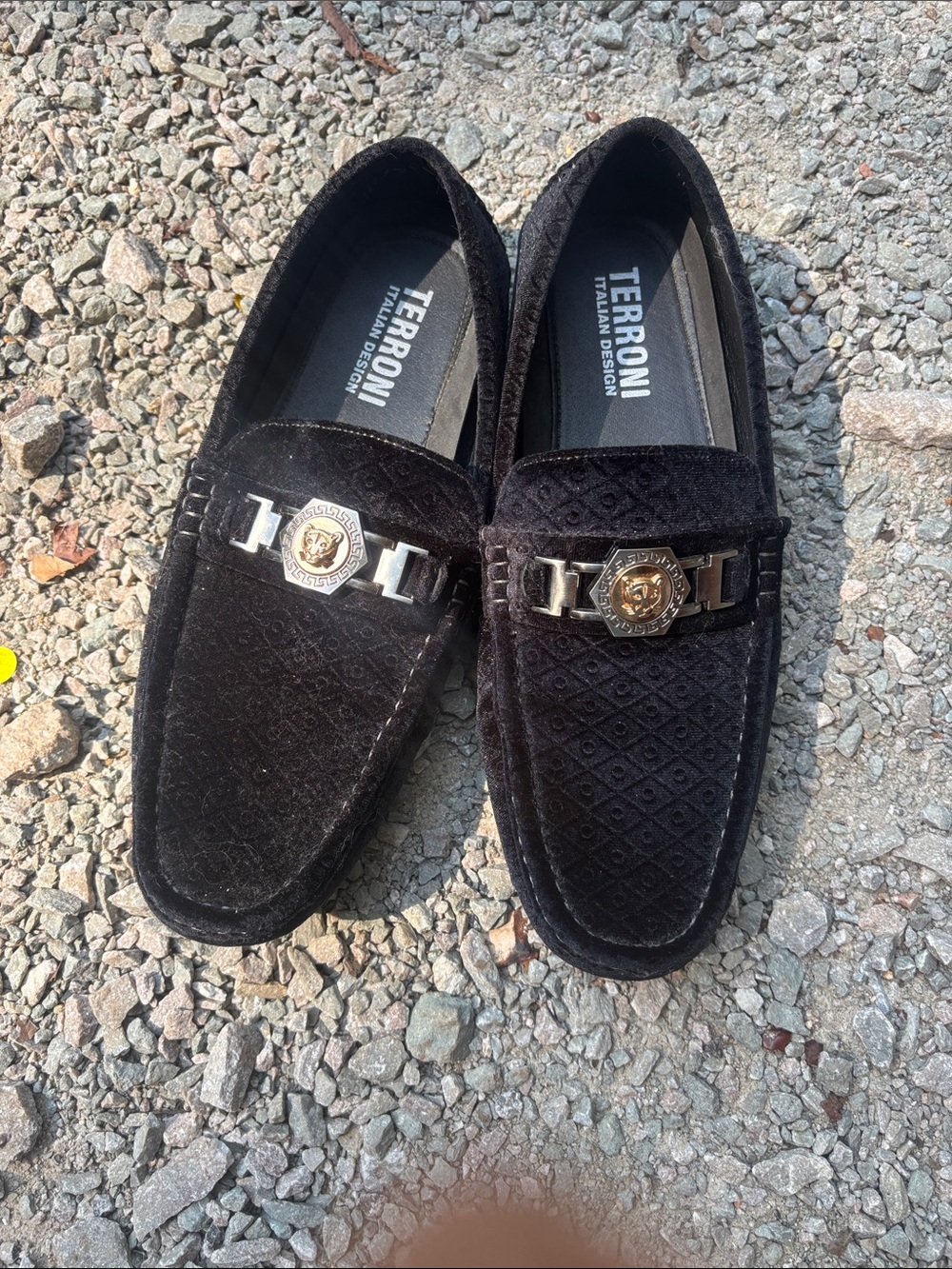 Black Velvet Slip-On Loafers with Decorative Medallion